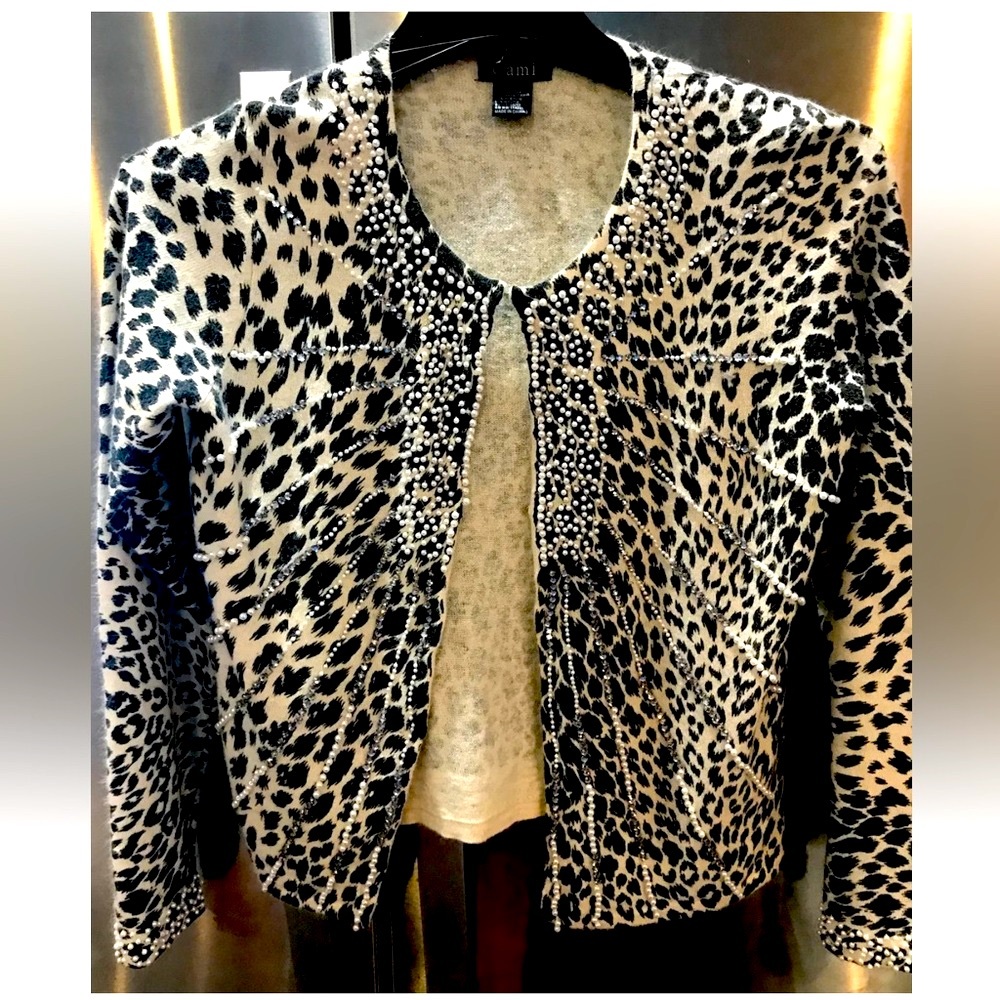 Cami Angora TIGER print Cardigan HOOK Sweater Animal PEARLS GEMS dressy BLING S